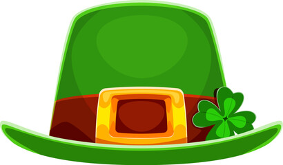 St Patricks day celebration leprechaun green hat with clover leaf. Saint Patrick green top hat, Irish isolated cartoon vector headwear. Ireland holiday tophat with golden buckle, green shamrock leaf