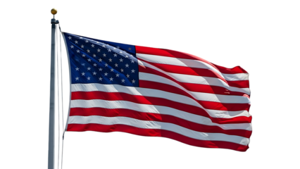 American flag waving on a flagpole isolated on transparent background