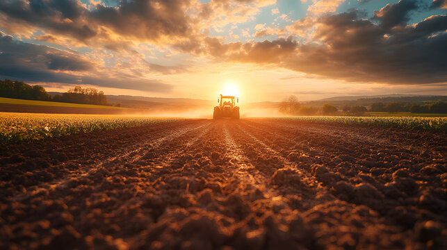 Tractor plows field during sunset as dust rises in the air and sun sets behind the hills in the background