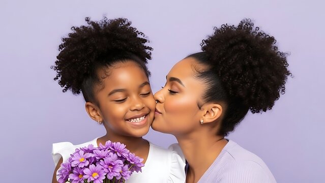 A heartwarming moment between a mother and daughter sharing a tender kiss