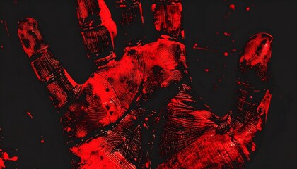 Close-up of red bloody palm print  on the dark background. 