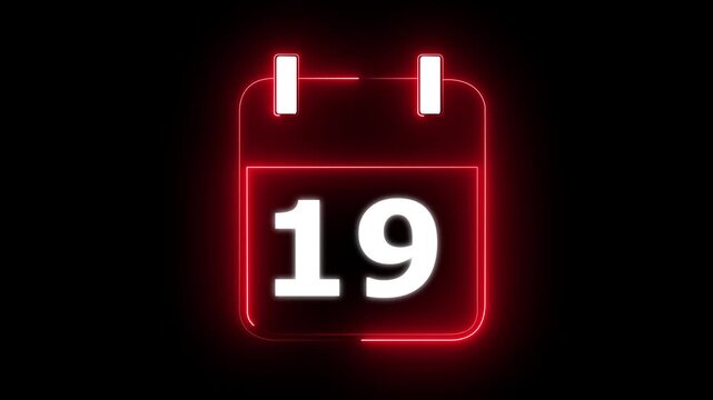 Glowing neon calendar date 19 symbol for deadline and planning. neon calendar icon deadline date animation. Neon line calendar icon animation for date reminder and schedule.