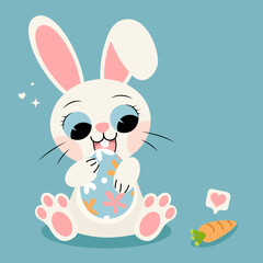 Cute Baby Bunny Rabbit Eating Colorful Easter Egg while Looking at the Carrot. Funny Flat Illustration for Spring Holiday Design