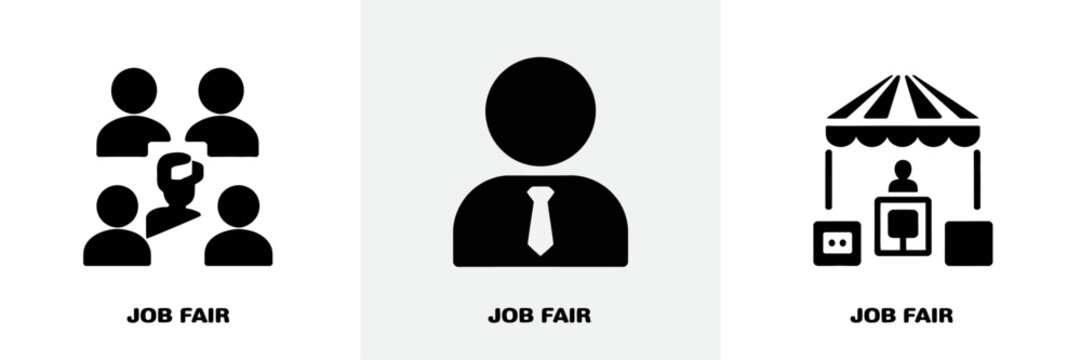 Black Job Fair and Recruitment Icon Set for Employment Expo Candidate Search Talent Acquisition and Career Networking Presentation Solutions