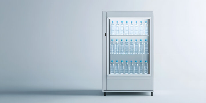 Glass water bottle vending machine with white panels and transparent front.
