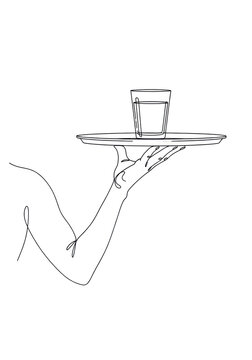 Stylized gender-neutral hand, continuous line art, holding a minimalist serving tray with a clear water glass, isolated on transparent with ample copy space, concept of hospitality
