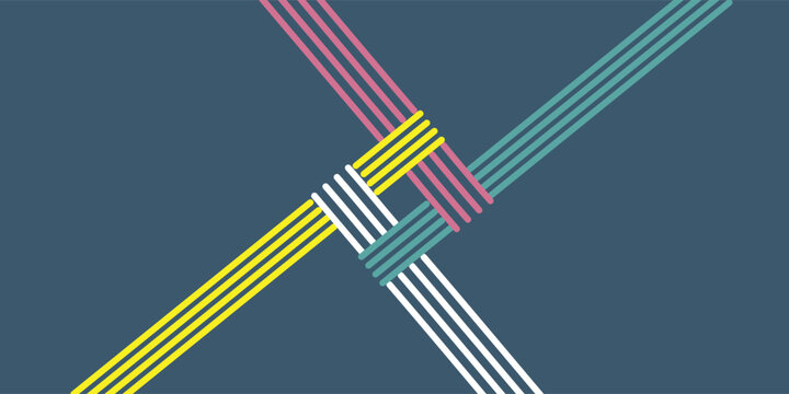 Abstract geometric pattern featuring four sets of parallel lines in yellow, pink, teal, and white, intricately woven and intersecting on a dark blue background.
