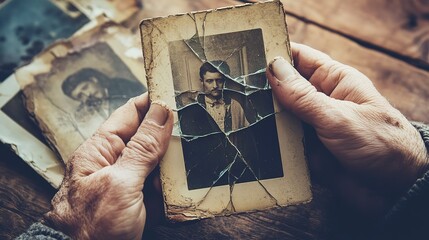 Old hands hold a cracked photo of a man while sitting with other faded pictures on a wooden table in soft light