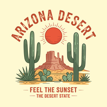 Explore the beauty of Arizona Desert with this captivating design, featuring majestic cactus and a warm sunset, evoking the spirit of the desert state for travel and leisure.