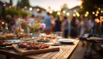 Fototapeta premium Bright summer garden party with friends and family featuring outdoor dining, colorful flowers, string lights, and a variety of delicious food on rustic wooden tables