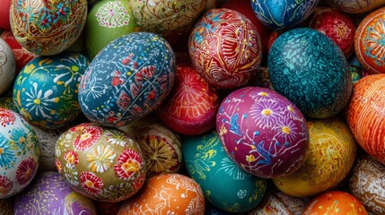 Fototapeta premium Colorful pile of decorated easter eggs covering full frame, festive spring holiday background with vibrant painted eggs for seasonal celebration