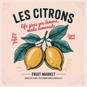 A fresh citrus graphic featuring lemons and foliage, perfect for branding, menus, or summer promotions; ideal for a vibrant lemonade stand or juice bar with a zesty vintage vibe.