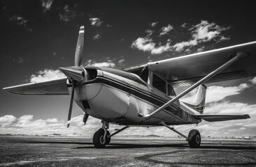 Obraz premium A aircraft brand airplane with sleek metallic body and high-wing design on the runway under cloudy sky