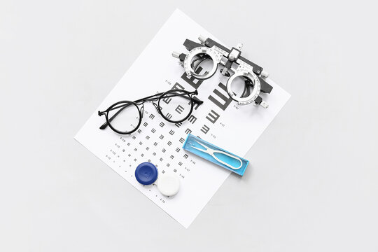 Optical trial frame with eye test chart, eyeglasses and set for contact lenses on white background