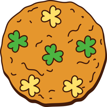 Saint Patricks day cartoon groovy oatmeal cookie. Irish festive retro sweet confectionery, St Patrick party hippie groovy vector pastry. Ireland holiday isolated cookie dessert with shamrock clovers