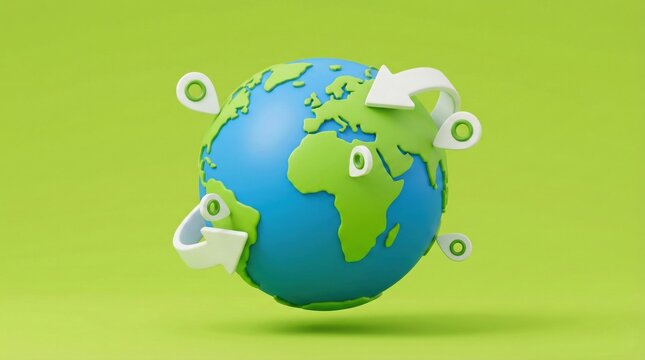 3D rendering of a blue and green Earth globe with white location pins and arrows on a vibrant green background, symbolizing global logistics and connectivity. - Powered by Adobe