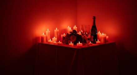 A romantic corner setup with numerous lit candles, a bottle of champagne, and two glasses on a table, bathed in a warm red glow.