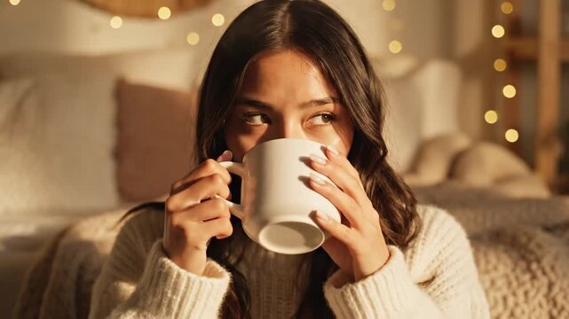 Woman Relaxing on Couch with Coffee.