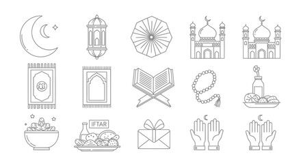 Fototapeta premium Islamic symbols and icons collection line art style.