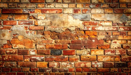 Weathered rustic brick wall texture highlights aged structure, peeling plaster, warm earthy colors, and vintage industrial charm for architectural or creative use.