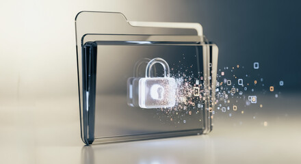 Cybersecurity and Data Protection Concept: Digital File Folder with Glowing Padlock Icon, representing secure cloud storage, encryption, privacy, data security defense, and digital information managem