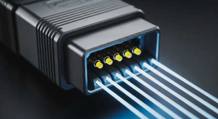 Macro view of futuristic digital connector. High-speed data transfer, glowing optical cables, and electrical pins symbolizing network technology and digital information flow.
