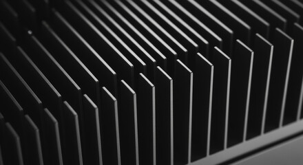 Abstract black and white heatsink structure close-up. Macro view of parallel metal cooling fins creating a linear geometric pattern, ideal for technology backgrounds and thermal management concepts.
