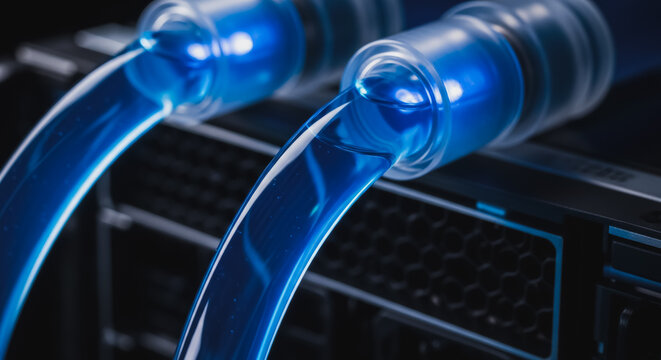Close-Up of Custom PC Liquid Cooling System Tubing with Bright Blue Coolant Fluid. High-Performance Water Cooling Detail for Gaming Computers, Servers, and Advanced Technology Hardware.