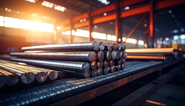 Industrial steel rods glowing softly, stacked together in a warehouse, metallic texture, warm light, modern manufacturing, material supply, heavy industry.