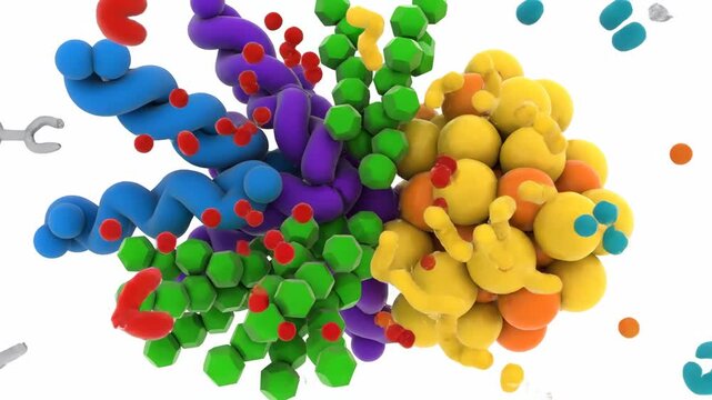 Detailed 3D animation illustrating an enzyme's catalytic action, breaking down complex substrates into smaller products. Visualizing molecular interactions and biochemical processes.