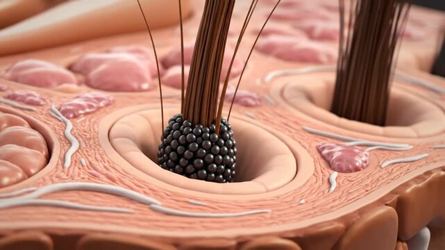 Detailed 3D animation illustrating hair growth and melanin production within the skin's follicle structure.