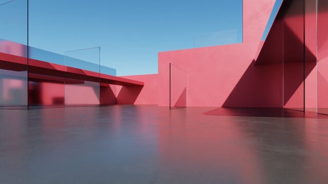 Abstract architecture background, White Concrete Wall with Glass or metallic on empty concrete floor, Scene for car presentation, Modern Exterior, 3D rendering