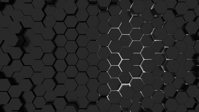 Abstract technological background made of 3d black hexagons with white glow. Seamless loop