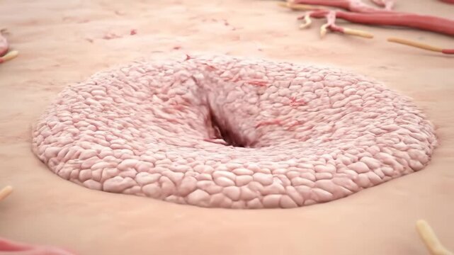 Detailed 3D animation illustrating the intricate structure of a human eccrine sweat gland and the process of sweat secretion through the skin pore, highlighting thermoregulation.