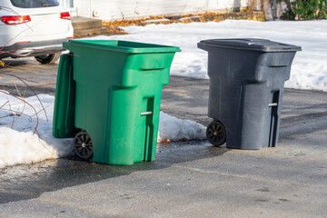 trash bins on the driveway after snow removed