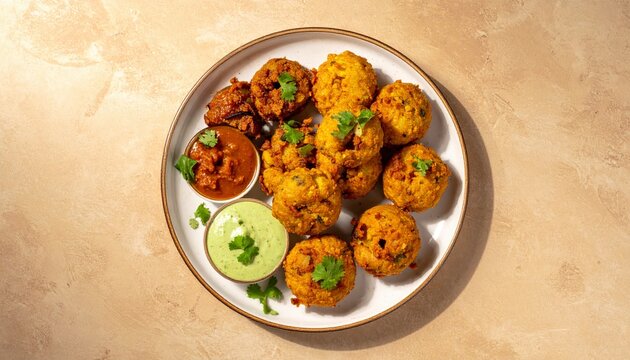 A plate of Indian batata vada, golden fried potato fritters coated in gram flour