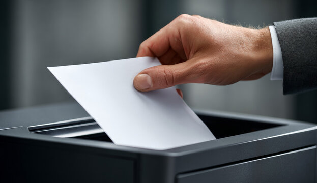 A hand inserting a white sheet of paper into a modern black office paper cartoon villain for document disposal