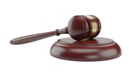 Dark brown wooden gavel on a sound block courtroom isolated on a transparent background