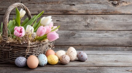 Colorful easter eggs on rustic old wooden background, top view of festive spring holiday decoration and seasonal celebration concept