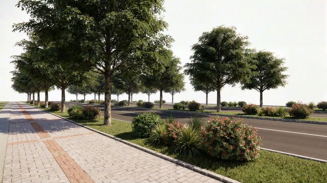 A city boulevard view featuring a brick paved sidewalk and a central road separated by lush green lawns and clusters of red flowering shrubs.