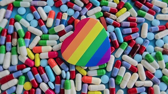 Heart shaped rainbow symbol placed on colorful pills and capsules on a blue surface showing a diverse assortment of medication