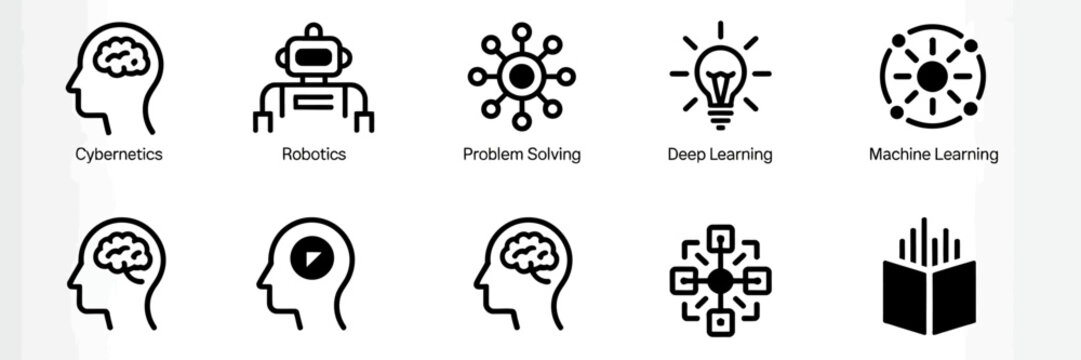 Black and white icons representing artificial intelligence concepts.