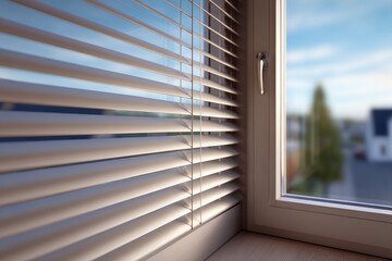 Obraz premium View from a corner room with partially closed blinds showing a blue sky and distant trees