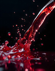 Dynamic Splash of Red Juice or Wine with Droplets on Black Background
