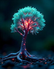 Bioluminescent Fantasy Tree with Glowing Roots and Neon Blue Leaves