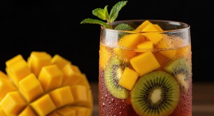 Colorful fruit cocktail in a glass with a mango, mint sprig, and kiwi