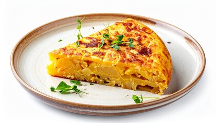 A thick slice of Spanish tortilla de patata, golden potato omelet with onions