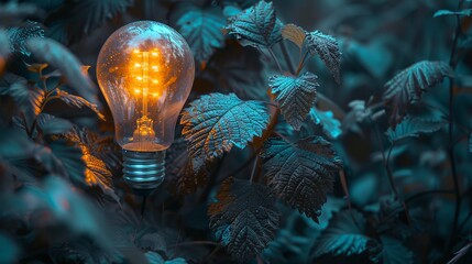 Innovative eco friendly lightbulb crafted from fresh leaves promoting renewable energy solutions