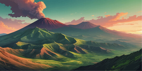 volcano scenery with glowing sky, layered mountains, and peaceful natural atmosphere © md bahar