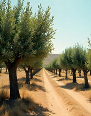 Rows of Olive Trees in Sunny Orchard with Sand Ground and Clear Sky